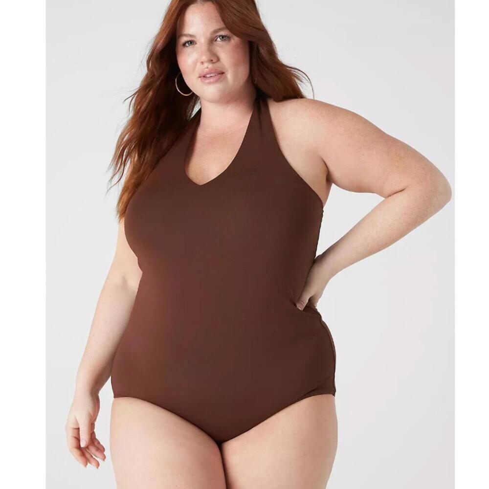 NWT Lane Bryant Fitted Double Layer Halter Bodysuit in Potting Soil Brown 22/24
